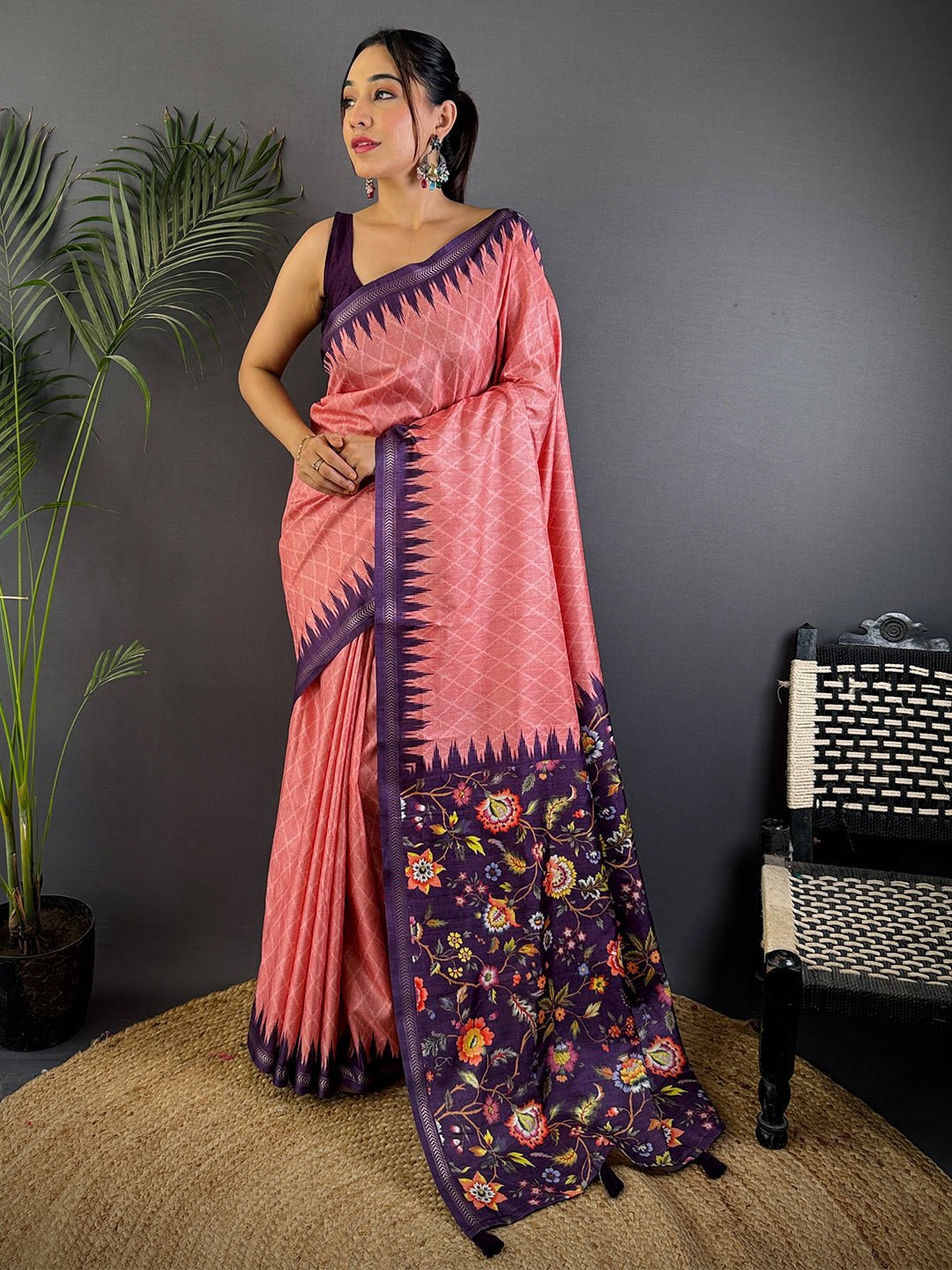Gajari Tussar Silk Kalamkari Printed Saree by My Store