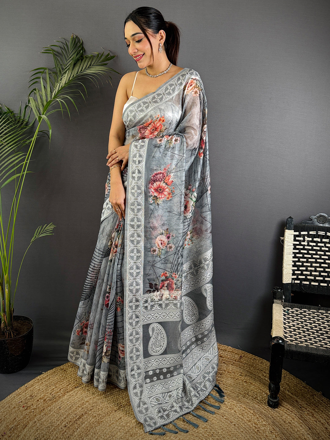 Grey Lakhnavi Linen Digital Print Saree by My Store