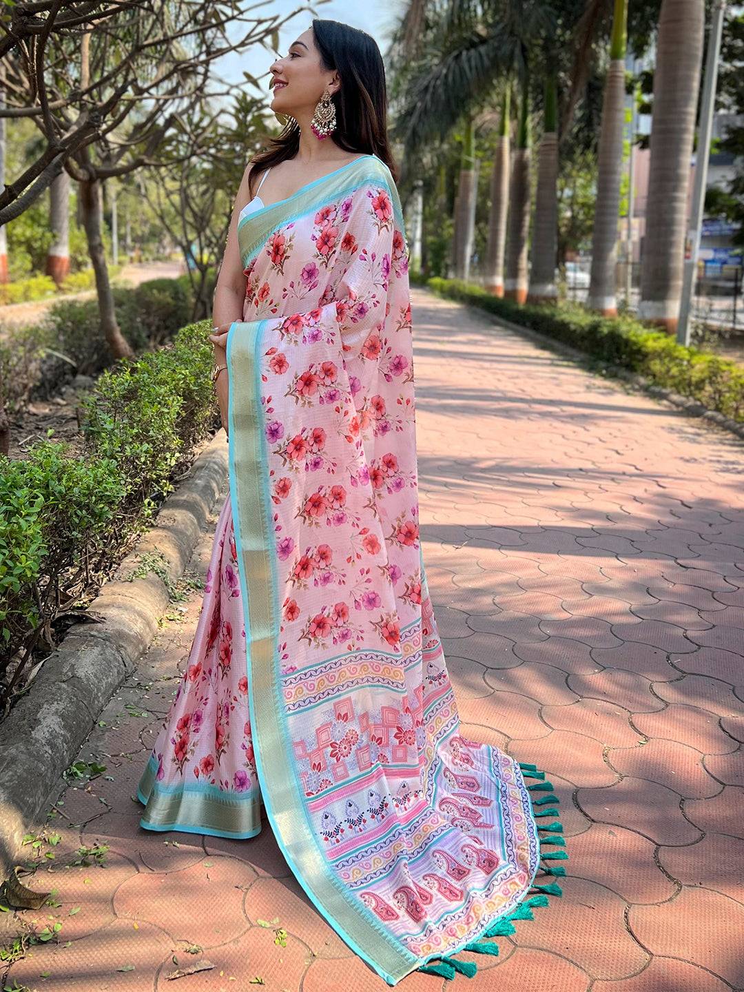Pink Kota With Digital Floral Printed Saree by My Store
