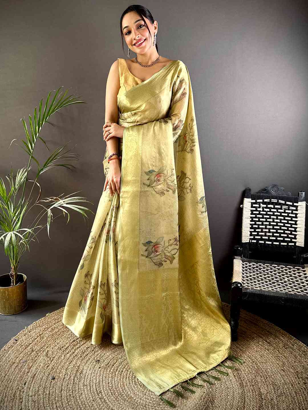 Stylish Olive Self Gold Zari Floral Print Saree by My Store