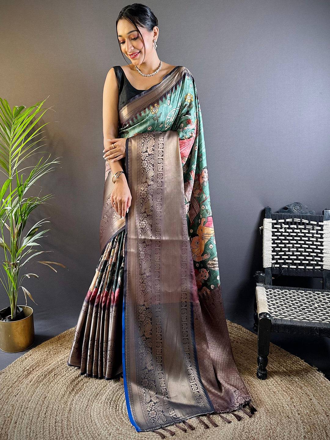 Intricate Rama Green Banarasi Silk Saree by My Store