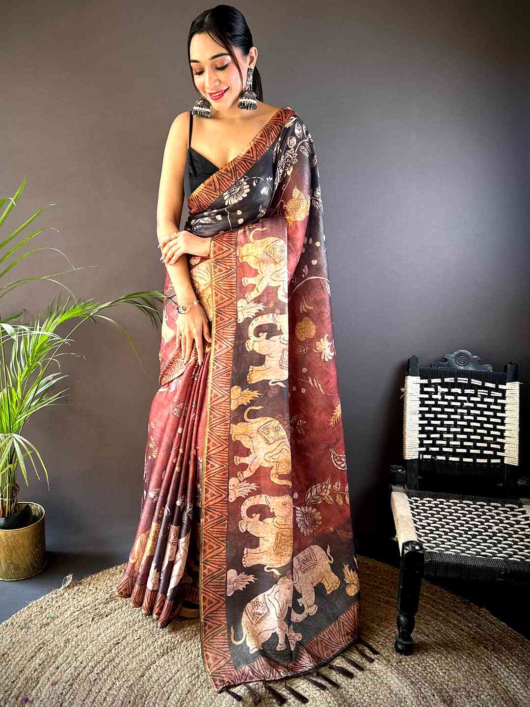 Red Kalamkari Block Print Chanderi Saree by My Store