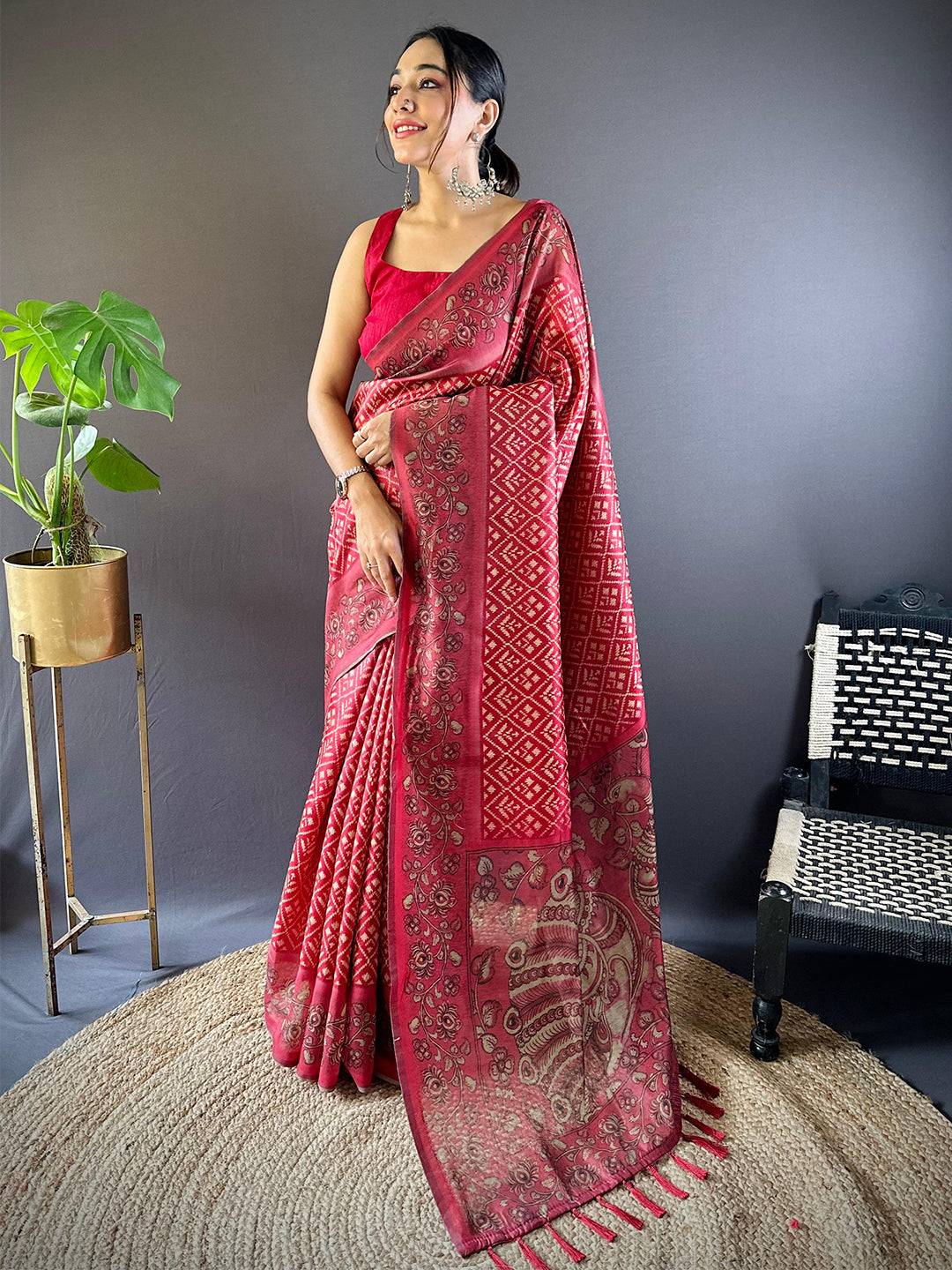 Red Patola Kalamkari Saree by My Store