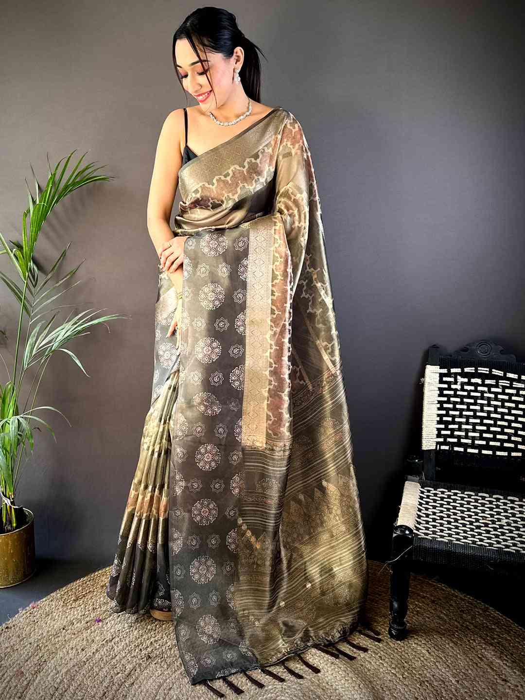 Light Brown Tissue Striped Digital Printed Saree by My Store