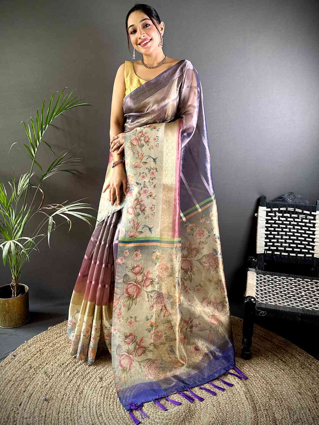 Purple Ombre Zari Tissue Digital Print Saree by My Store