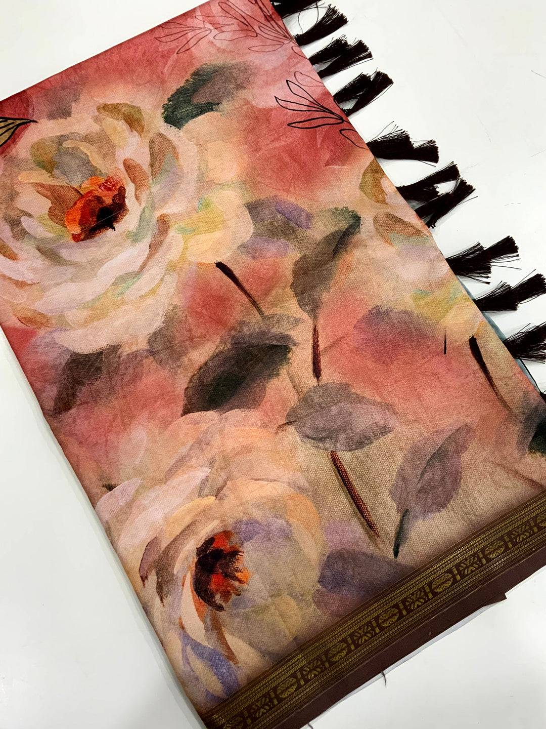 Peach Soft Silk Watercolor Floral Print Saree by My Store