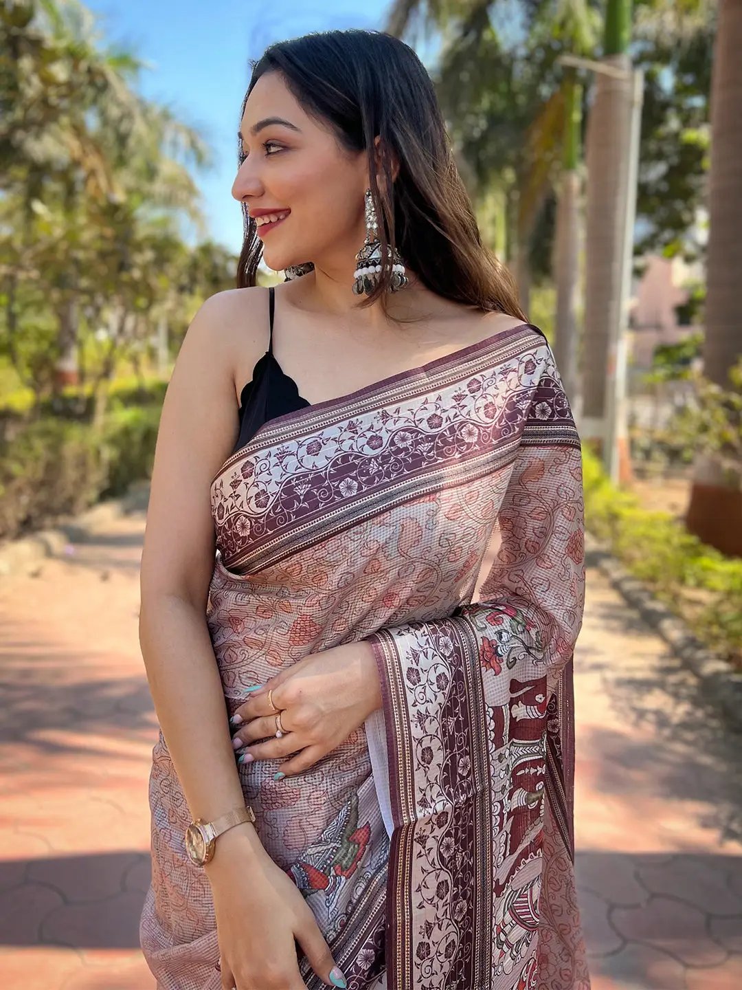 Satin Kota Doria Saree With Kalamkari Digital Print In Muvel Colour by My Store