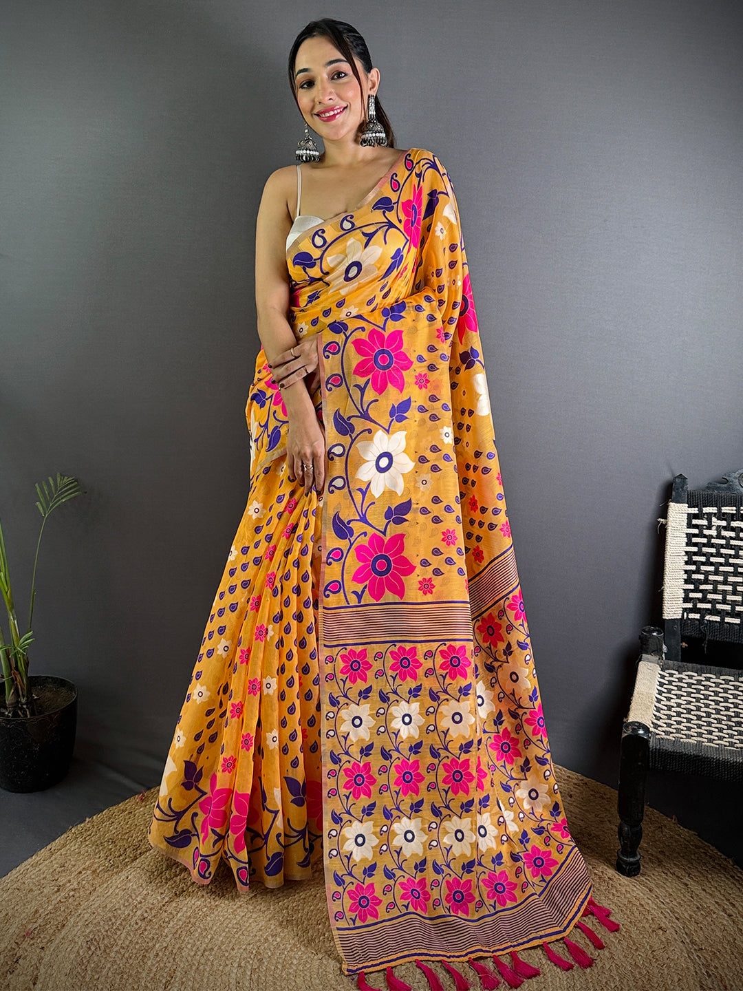 Gold Dhakai Jamdani Cotton Silk Saree by My Store