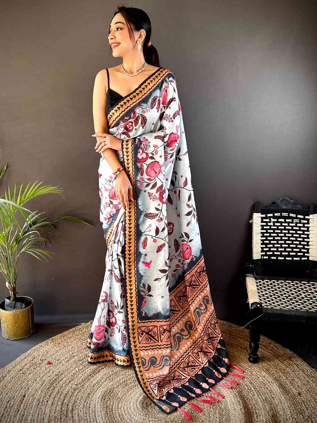 Ice Blue Soft Silk Floral Saree by My Store