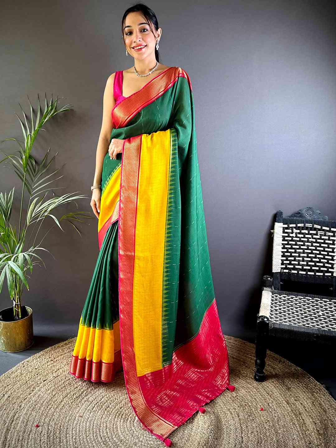 Green Zari Pallu Cotton Viscose Saree by My Store
