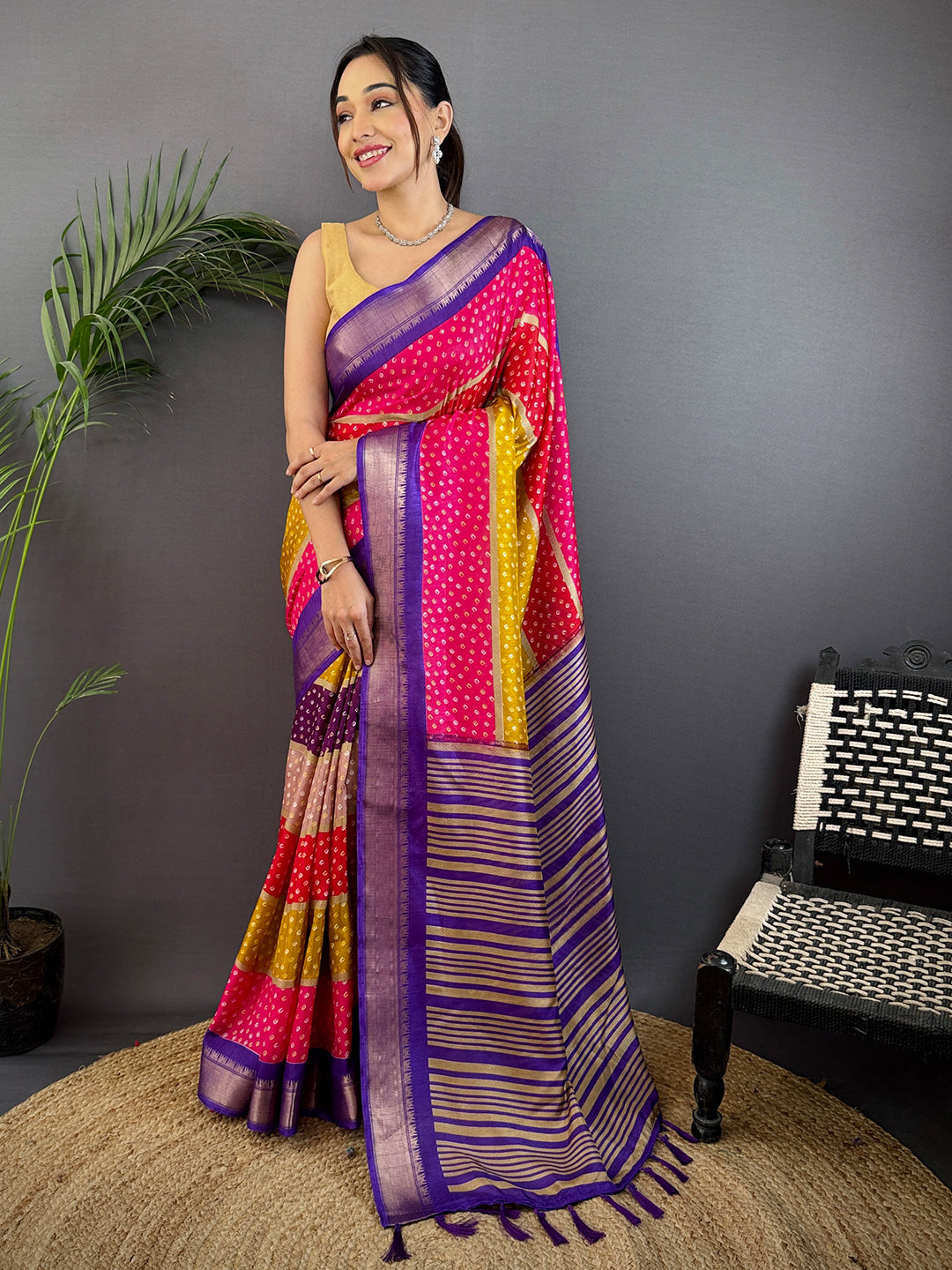 Purple Soft Dola Bandhej Print Saree by My Store