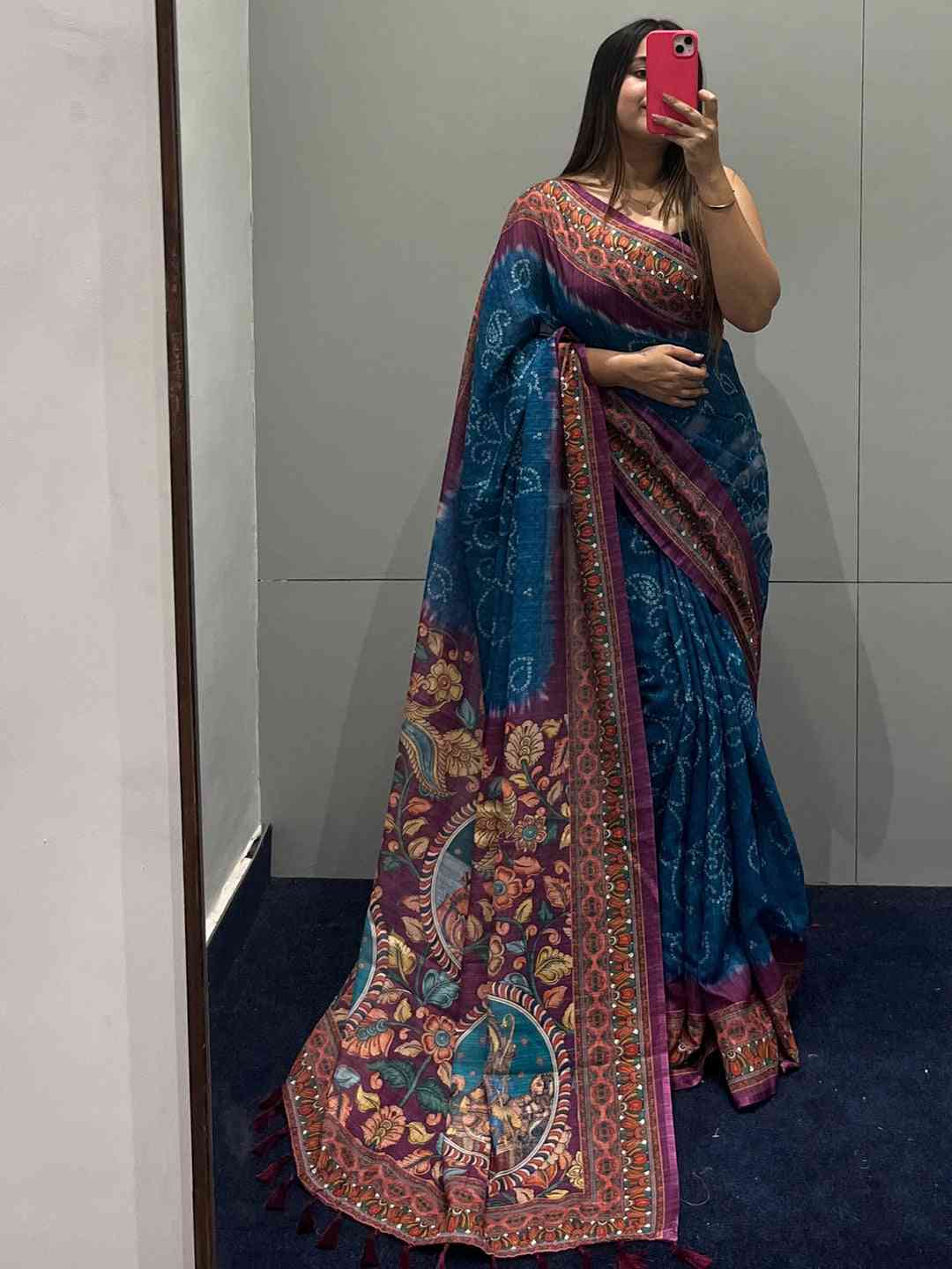 Blue Colour Design Linen Saree with Bandhej and kalamkari Digital Print