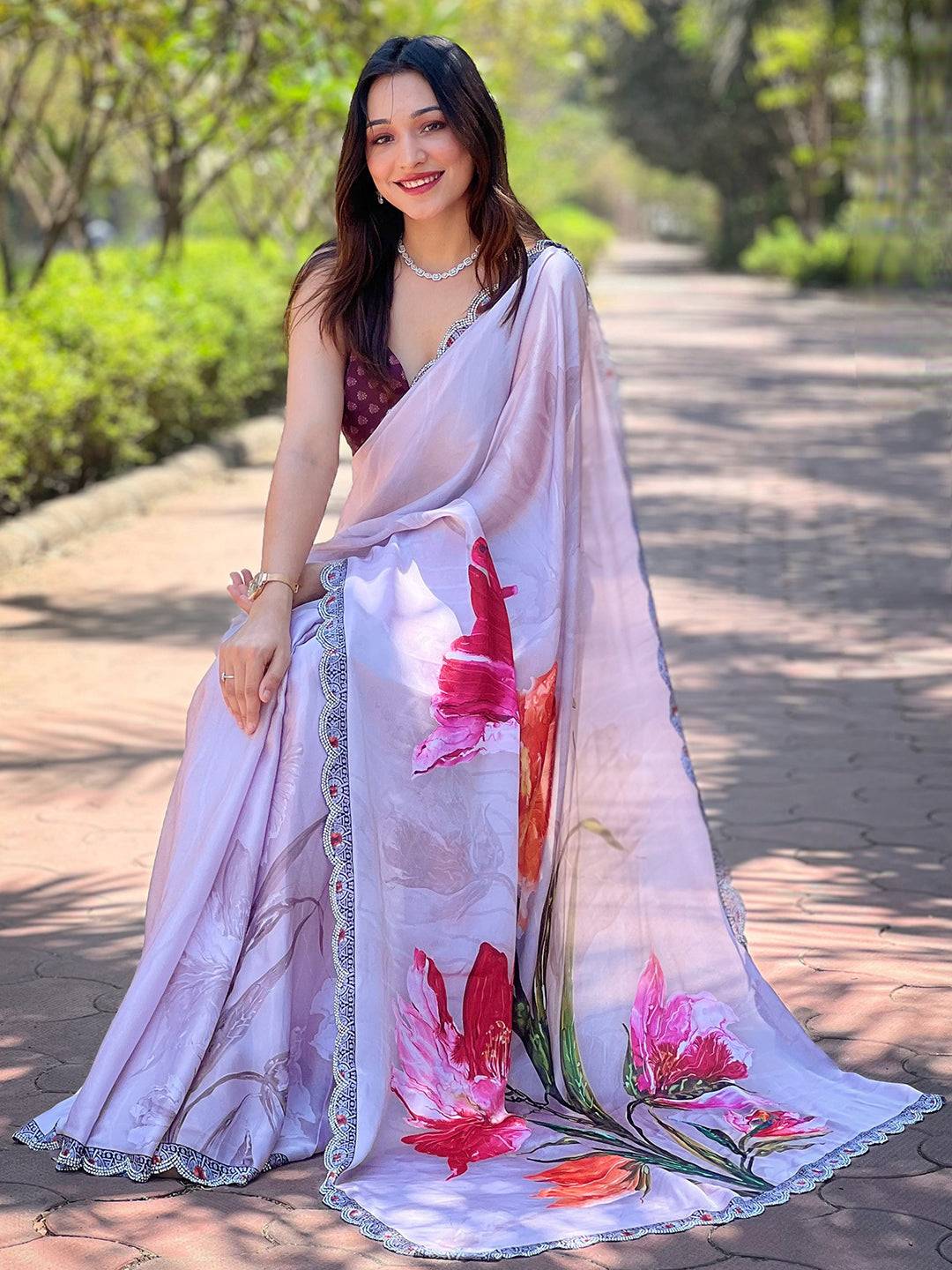 Grey Satin Georgette Floral Print Saree by My Store