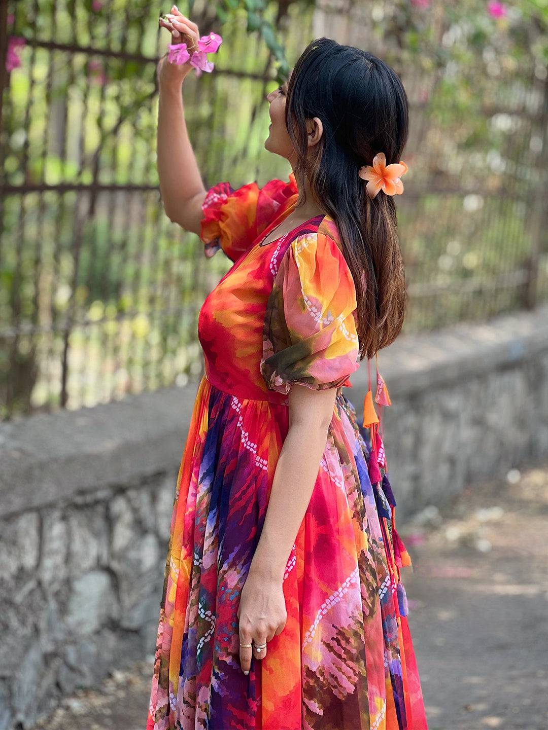 Multi Batik Bandhej Dress by My Store