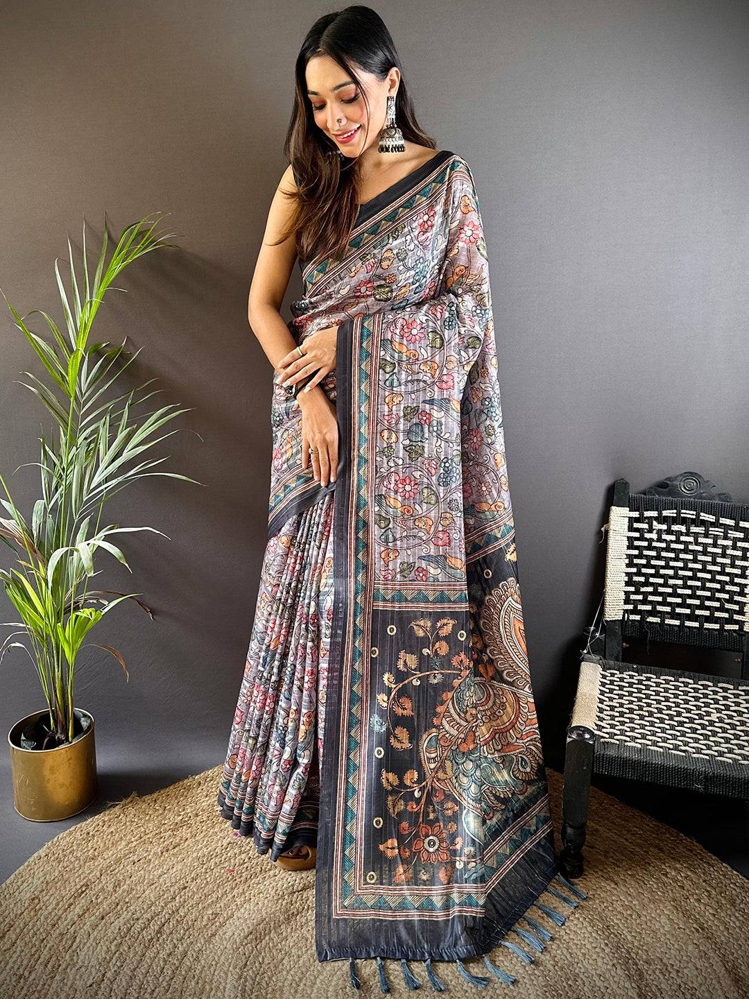 Grey Kalamkari Stripes Chanderi Saree by My Store