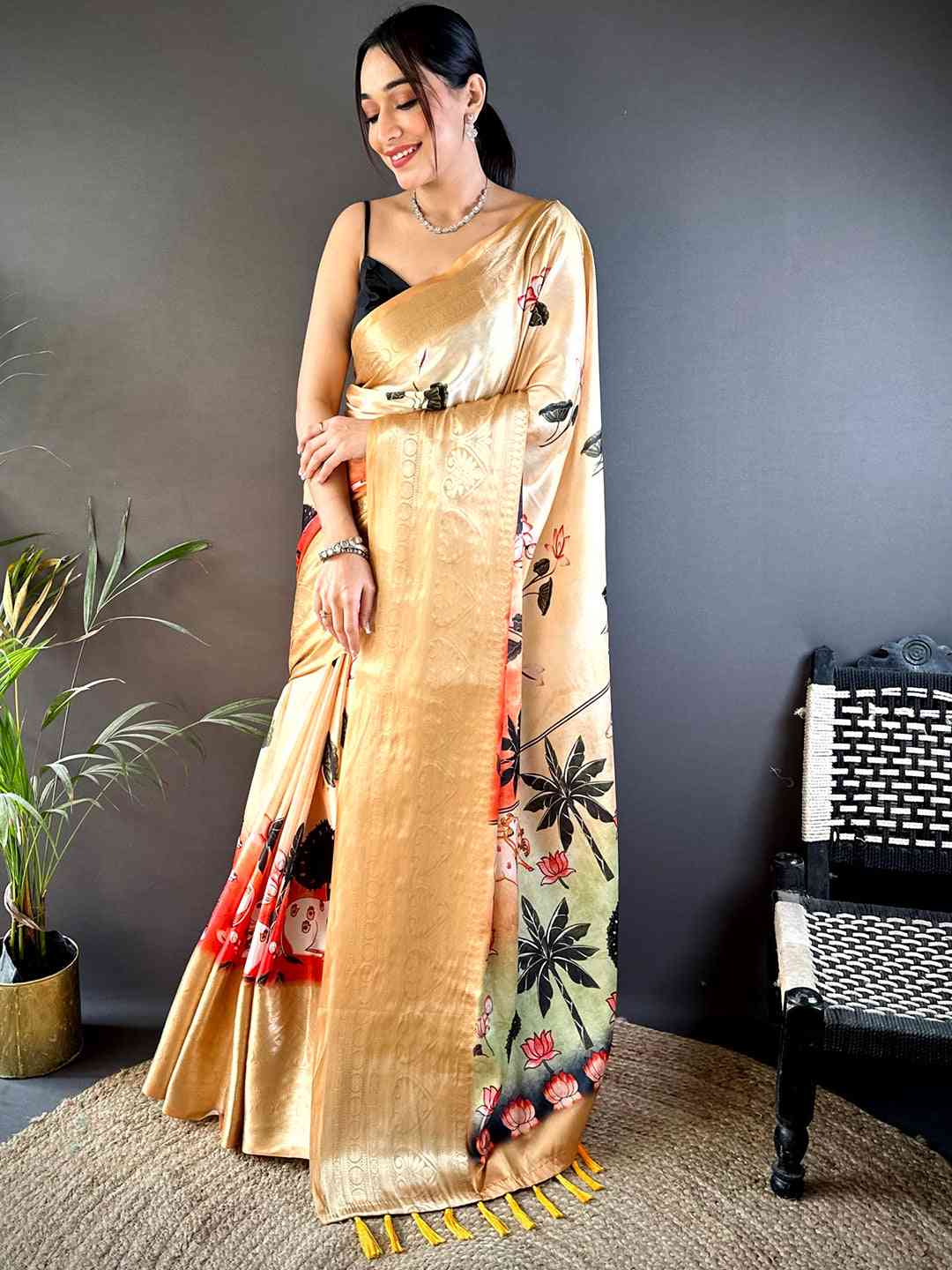 Sunlit Yellow Pichwai Print Soft Silk Saree by My Store