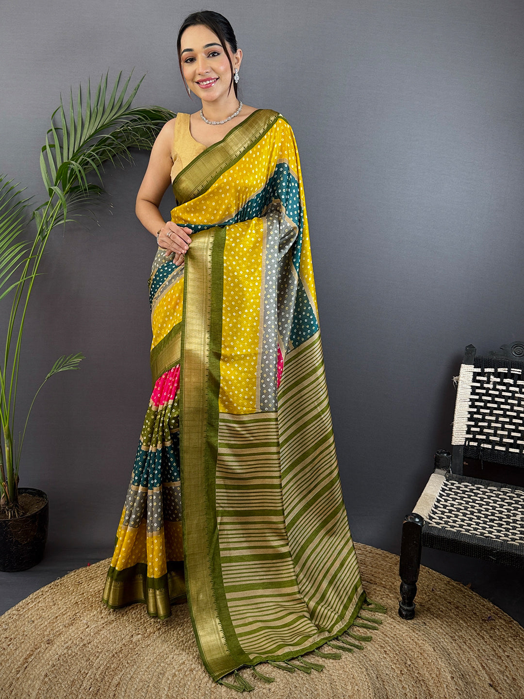 Olive Soft Dola Bandhej Print Saree by My Store