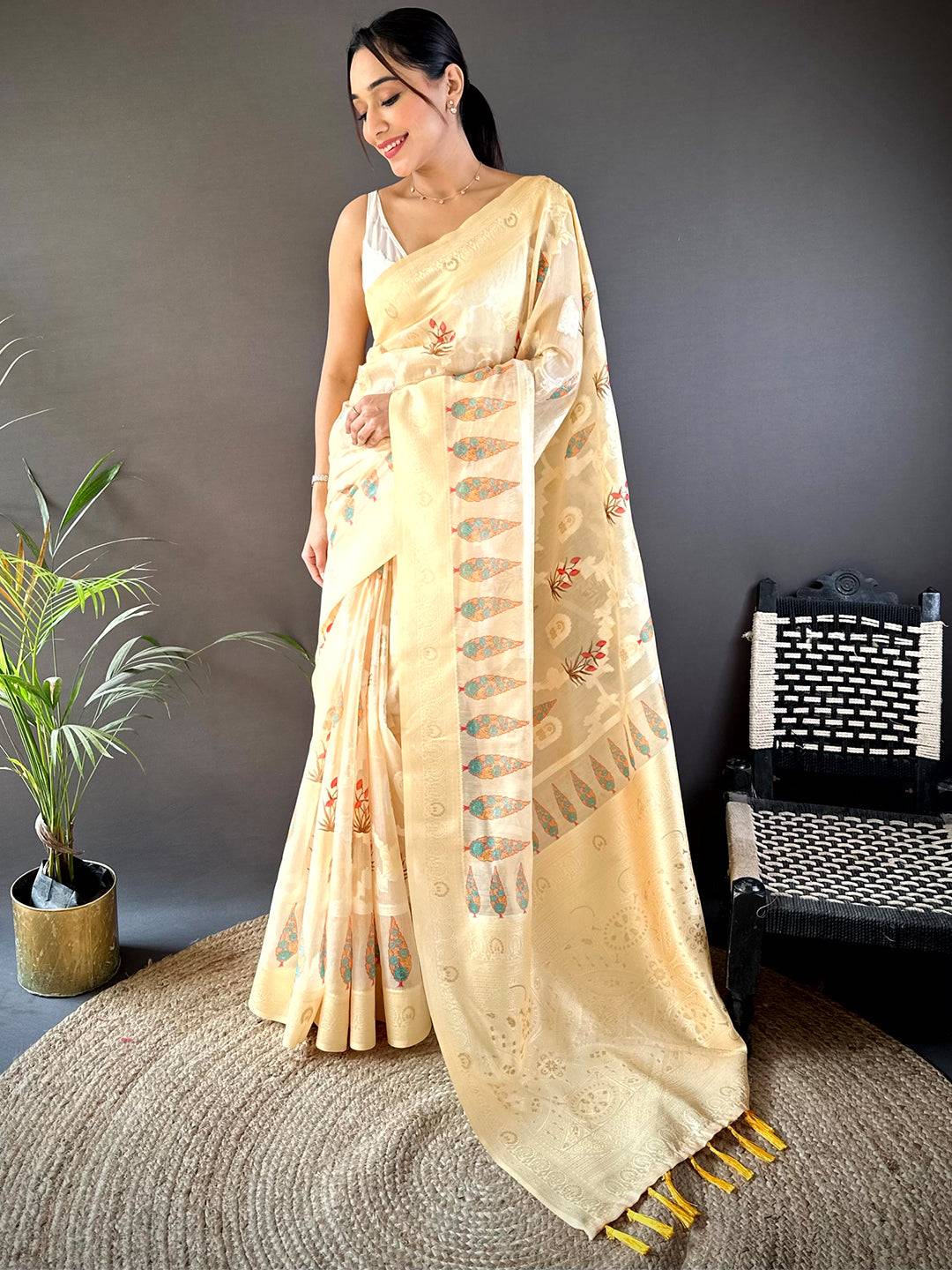 Cream Lakhani Cotton Kalamkari Print Saree by My Store