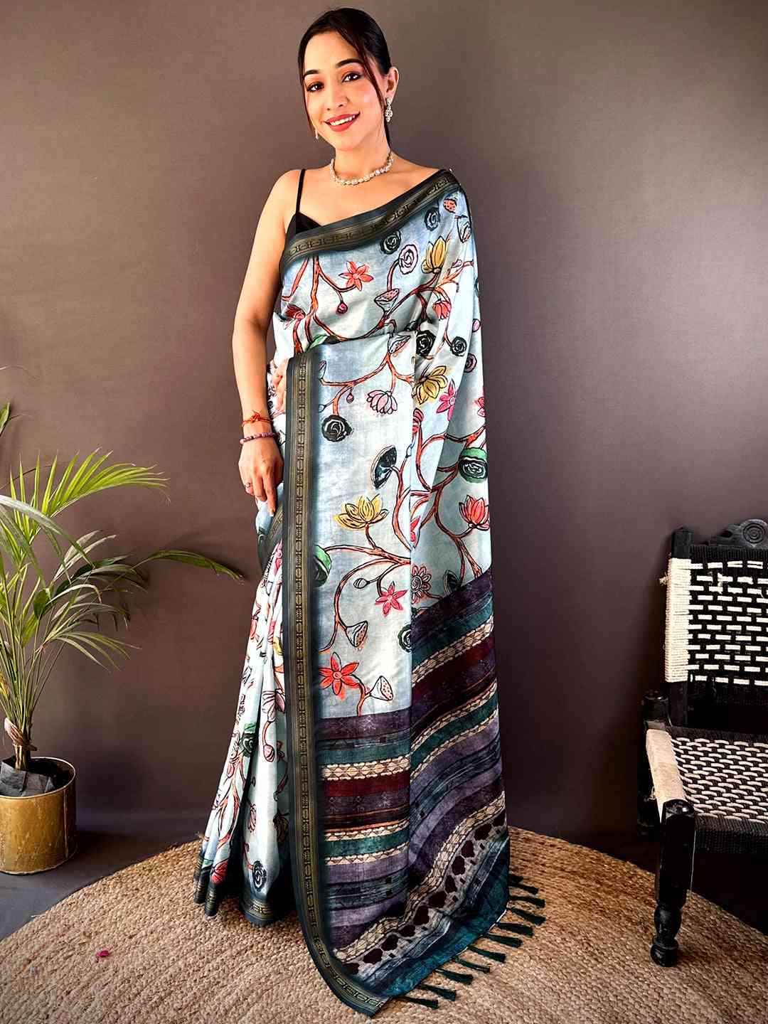 Blue Soft Silk Freehand Kalamkari Print Saree