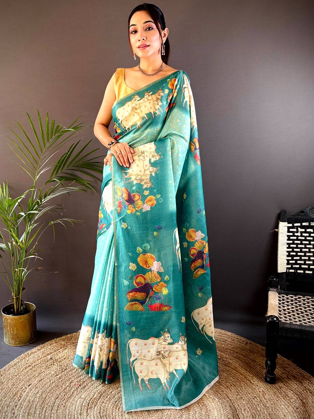 Sky Blue Chanderi Pichwai Print Saree by My Store