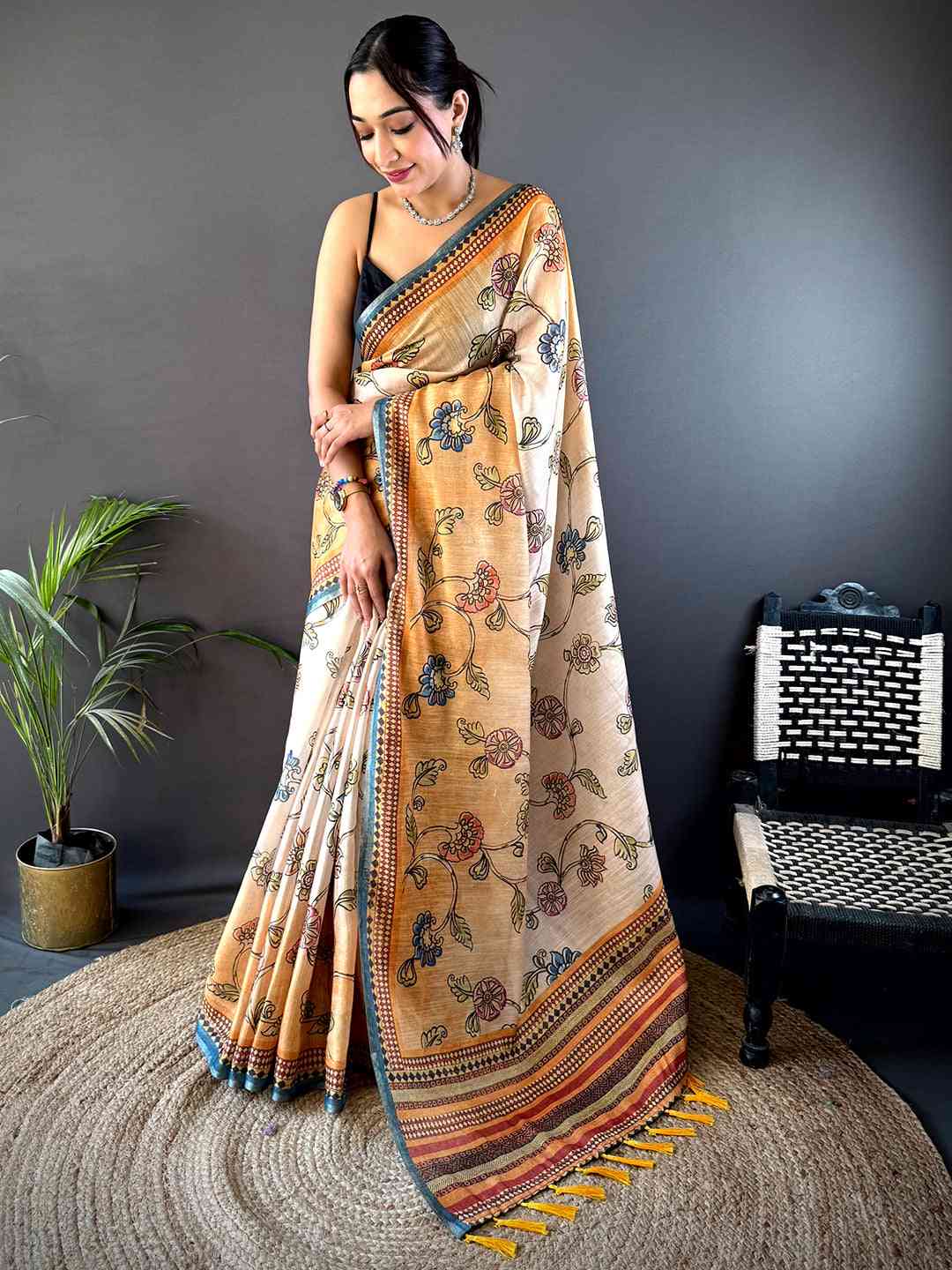 Radiant Orange Zari Tussar Floral Saree by My Store