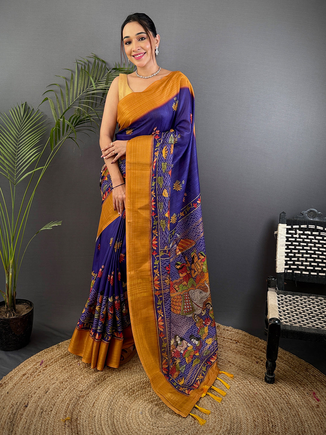 Purple Aari Pashmina Print Linen Saree by My Store