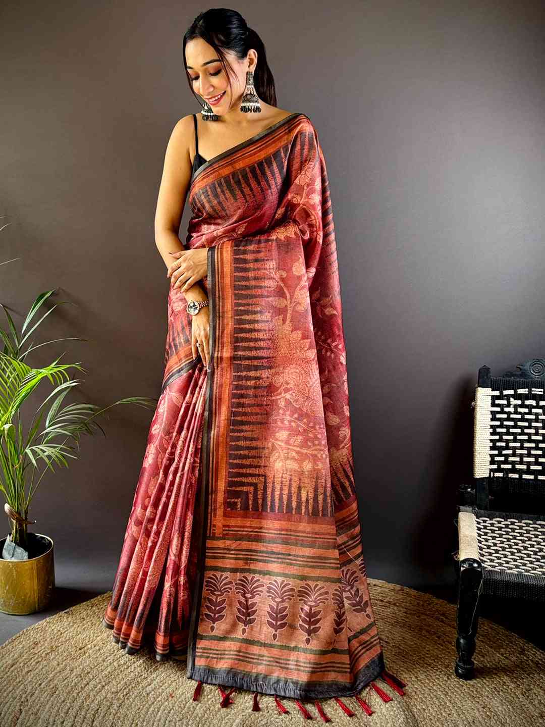 Rust Red Floral Stripes Tissue Saree by My Store