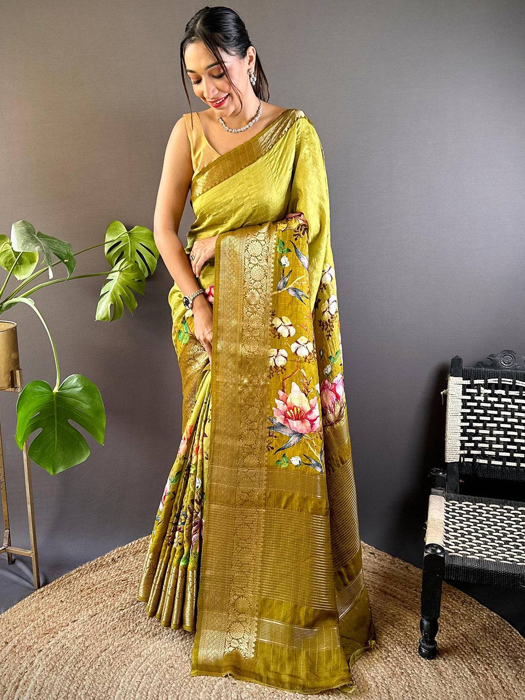 Light Green Floral Zari Chex Saree by My Store