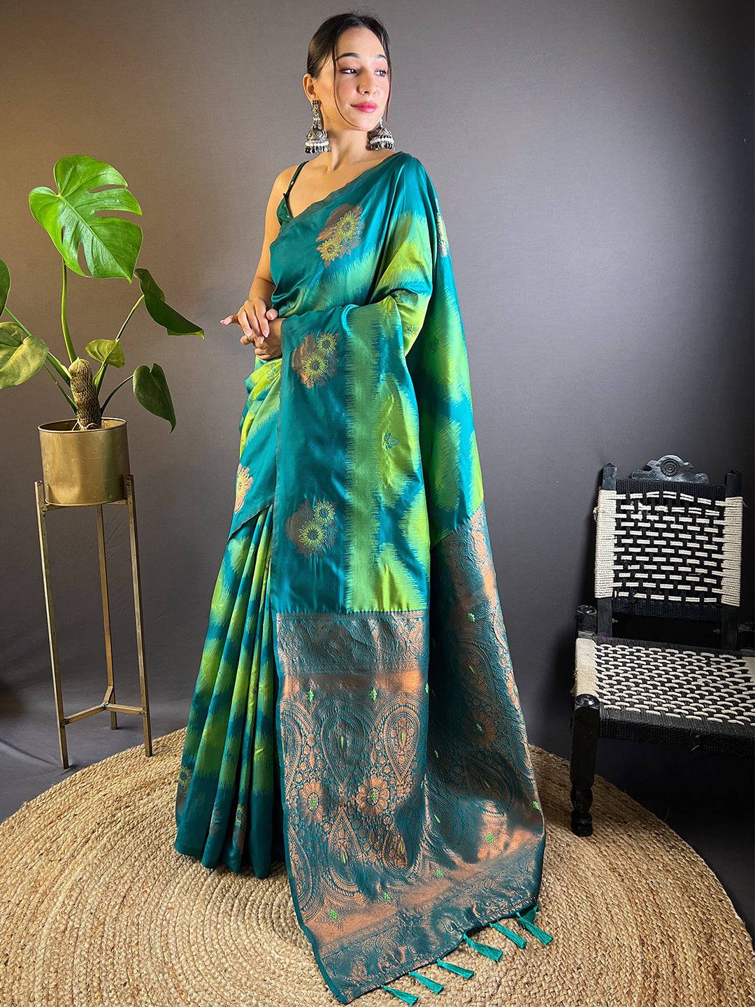 Parrot Green Tussar Silk Ikkat Weaving Saree by My Store