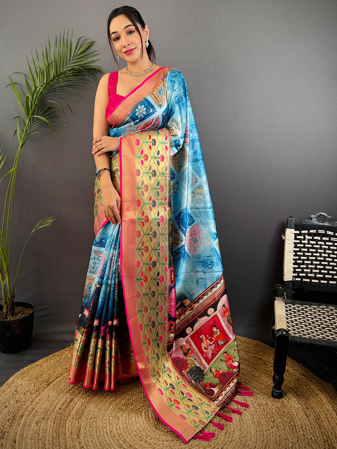 Sky Blue Freehand Digital Print Soft Silk Saree by My Store