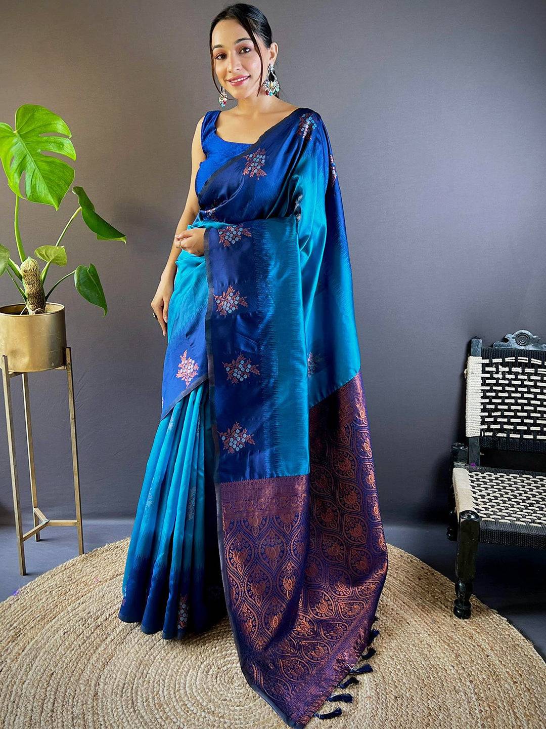 Royal Blue Sami Banarasi Tussar Silk Saree by My Store