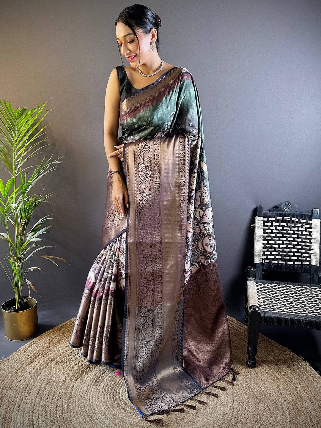 Intricate Teal Banarasi Silk Saree by My Store
