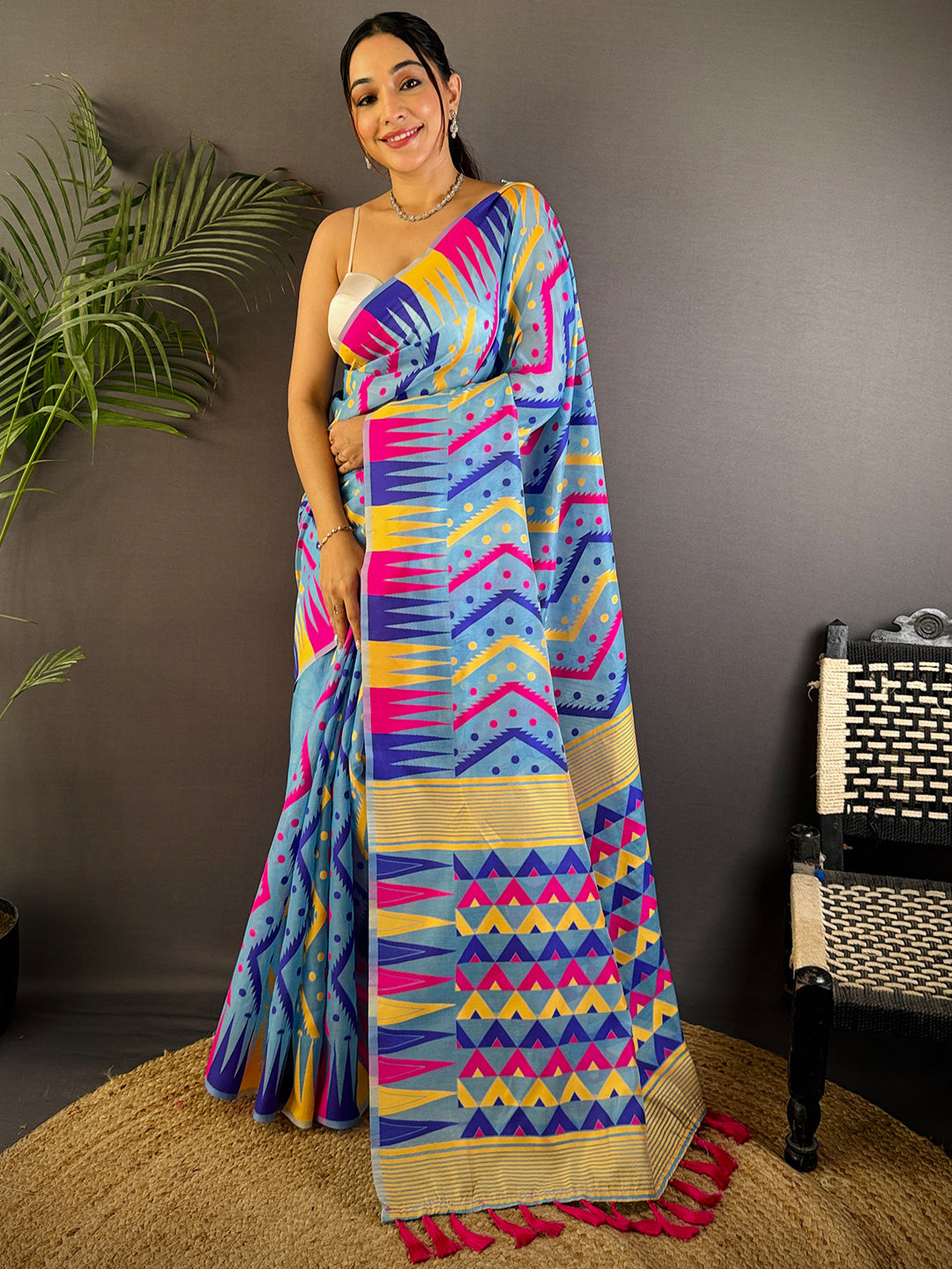Royal Sky Blue Dhakai Cotton Jamdani Saree by My Store