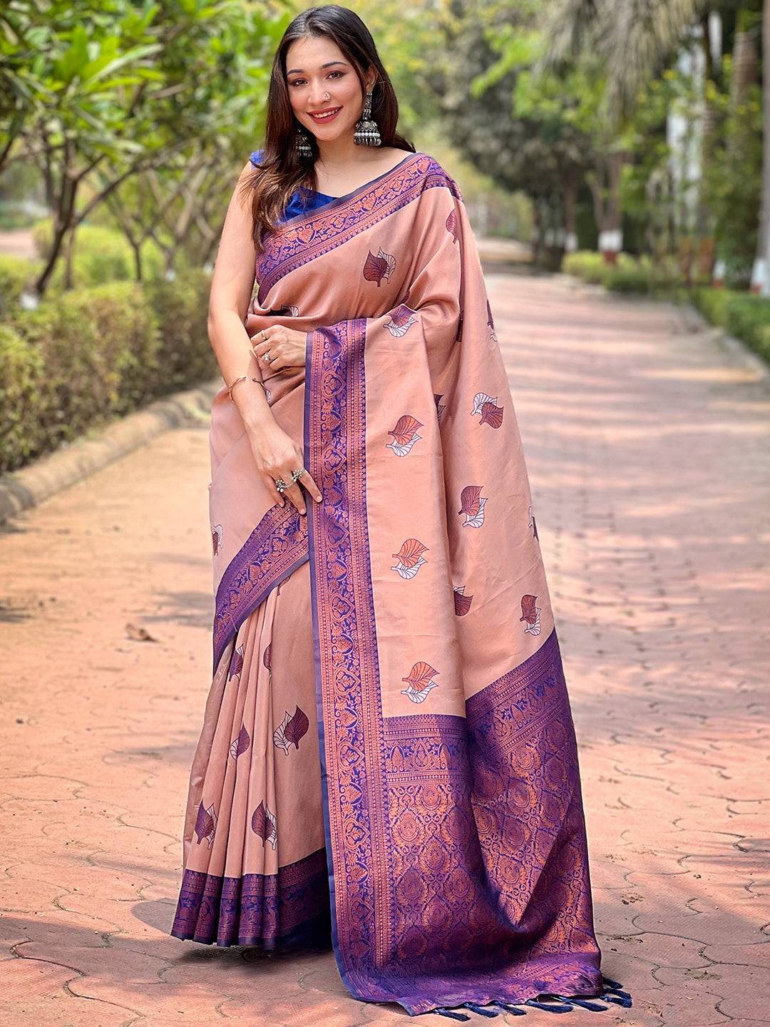 Pastel Peach Kanjivaram Tissue Saree With Gold Zari Weaving by My Store