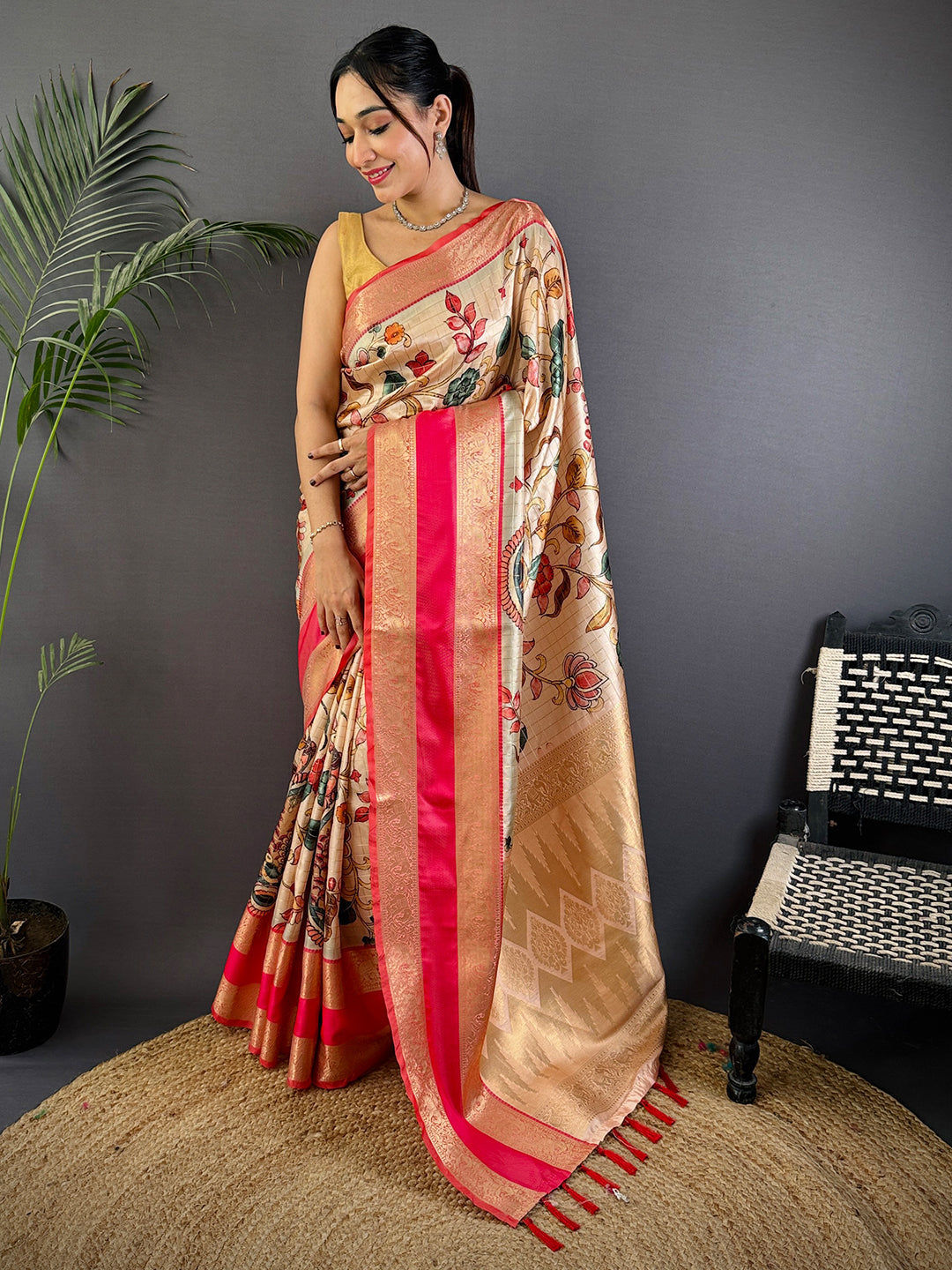 Cream Soft Silk Gadwal Kalamkari Saree by My Store