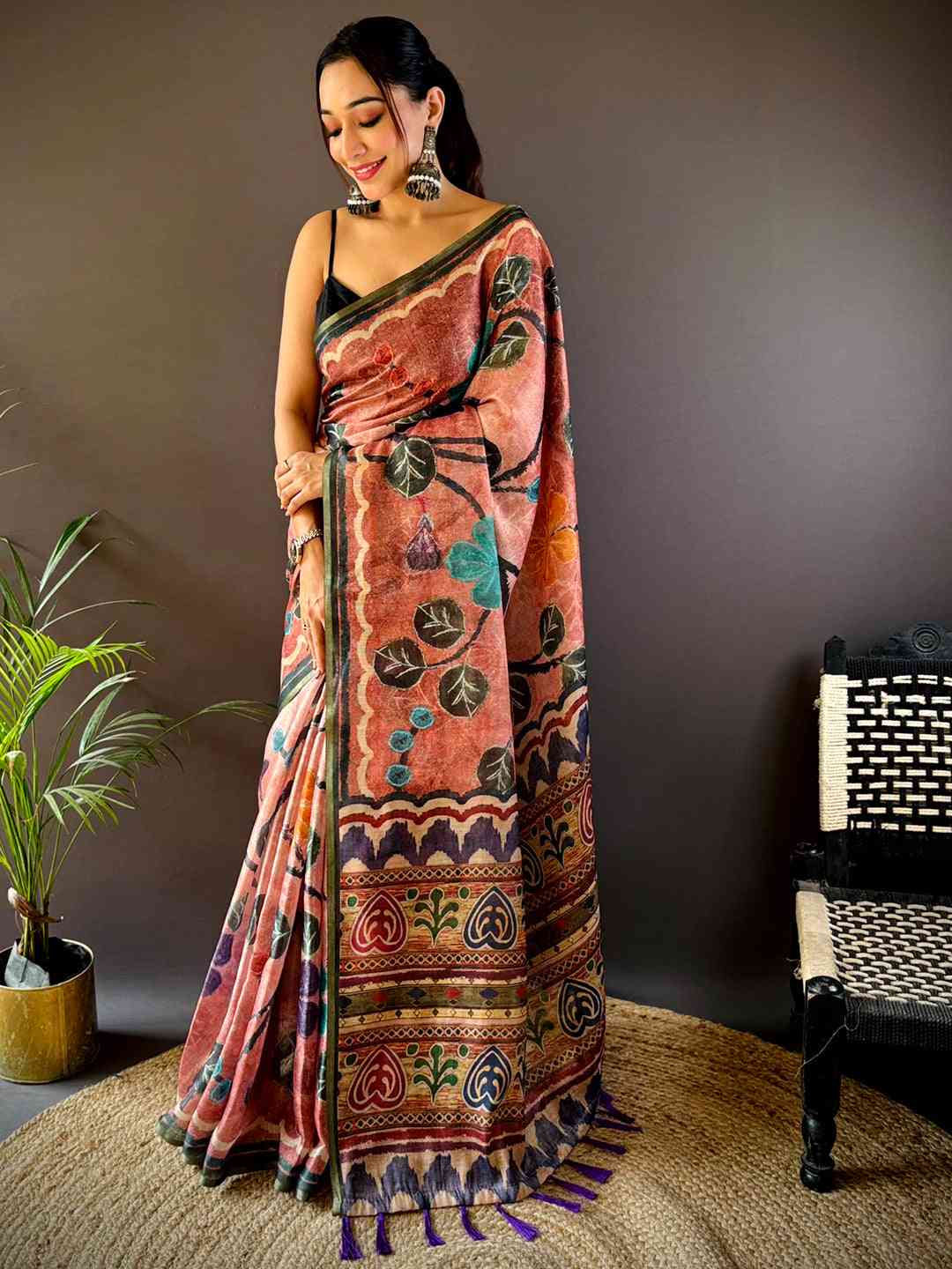 Rust Brown Folklore Tissue Chanderi Saree by My Store
