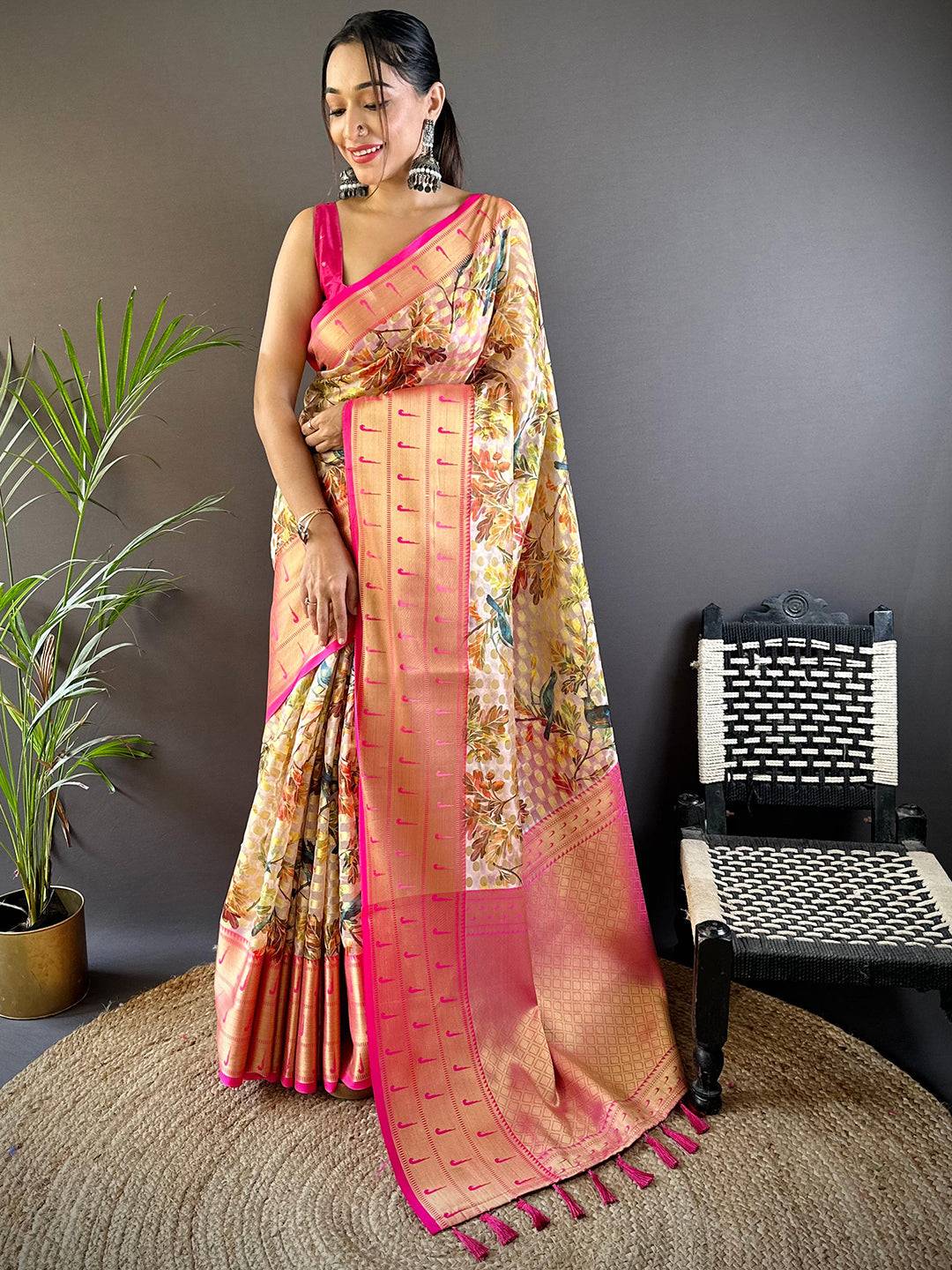 Light Beige Paithani Kora Silk Saree by My Store