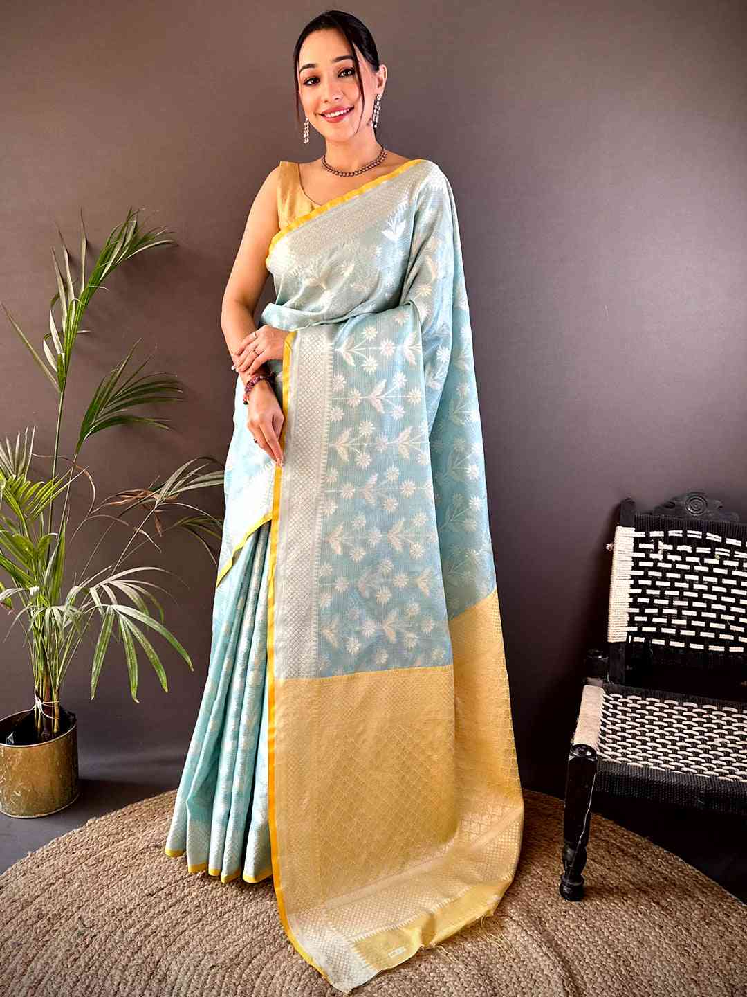 Sky Blue Kota Kora Zari Floral Weave Saree by My Store