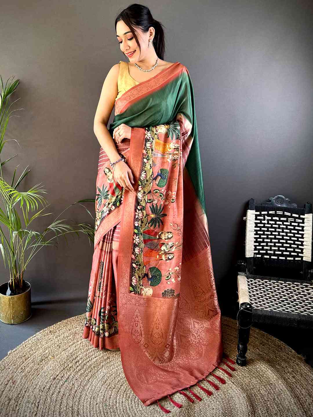 Dark Green Kalamkari Ombre Soft Silk Saree by My Store
