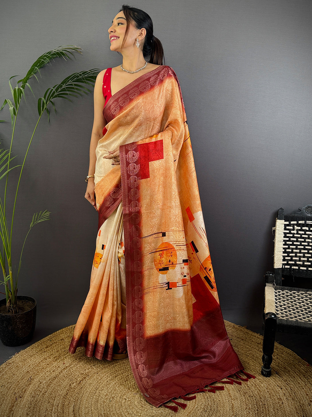 Ochre Digital Print Soft Dola Silk Saree by My Store