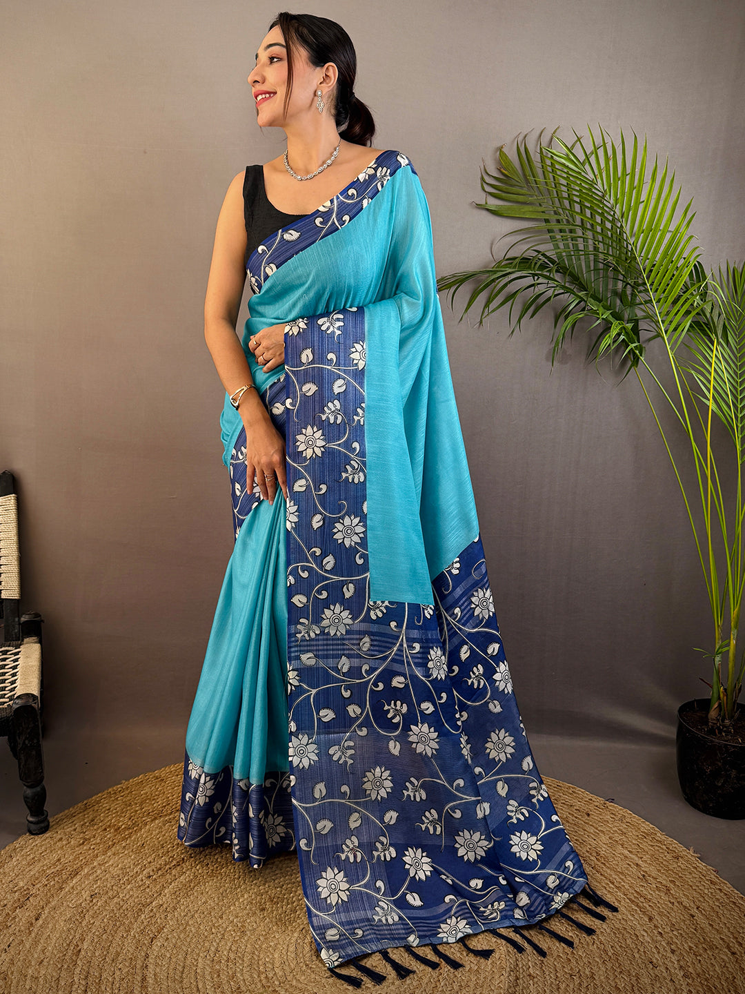 Sky Blue Linen Kalamkari Print Saree by My Store
