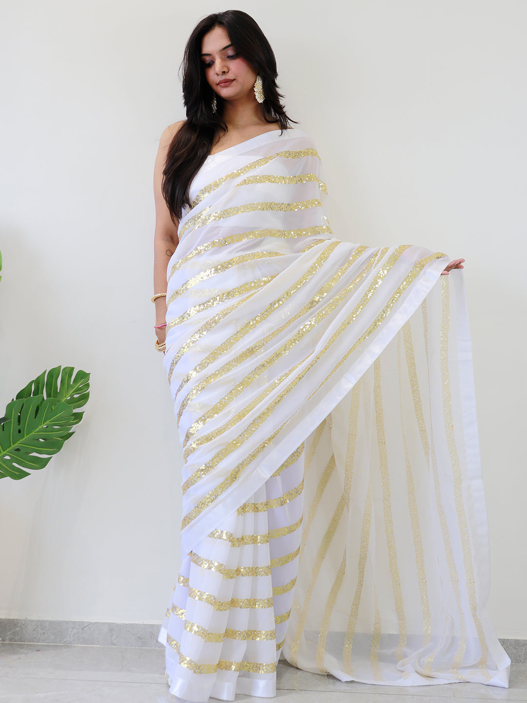Modern Elegance Georgette Saree with Striped Sequins Work and Solid Border by My Store