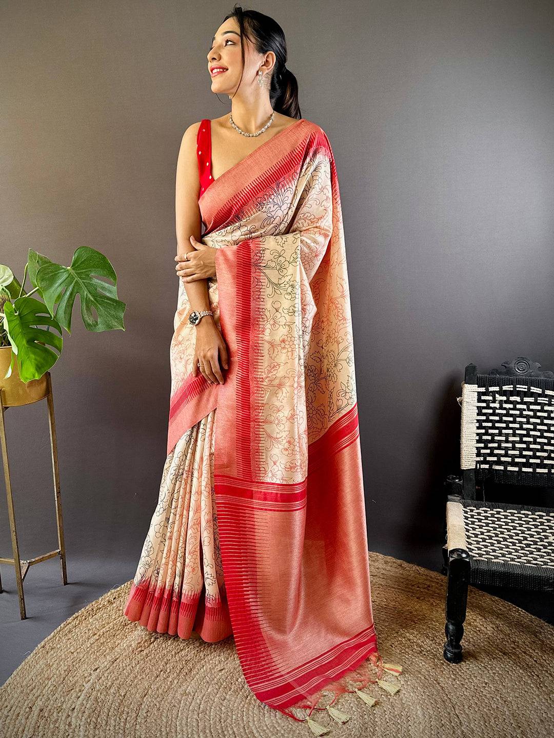 Cream Floral Tussar Silk Saree by My Store