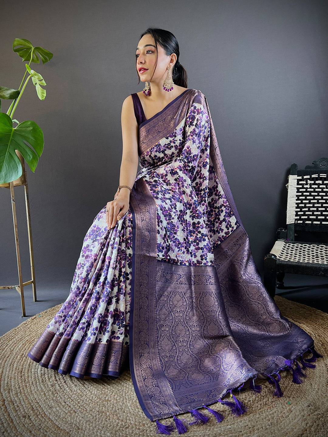 Radiant in Purple Floral Print Saree by My Store