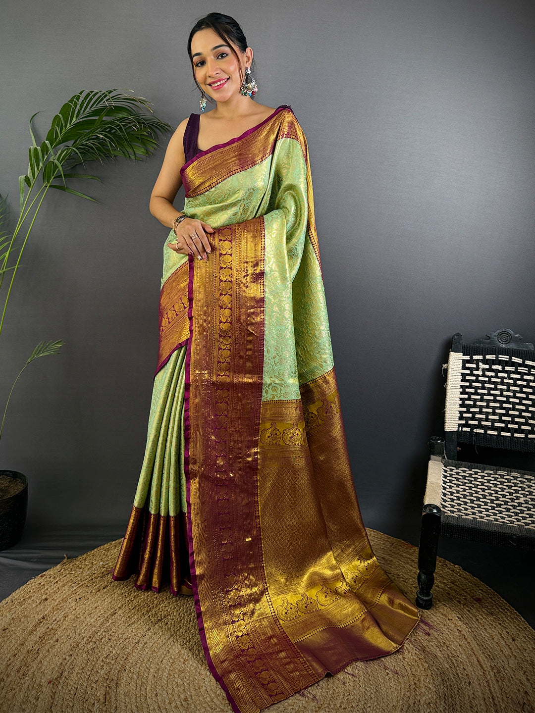 Pastel Mint Green Dharmavaram Silk Saree by My Store