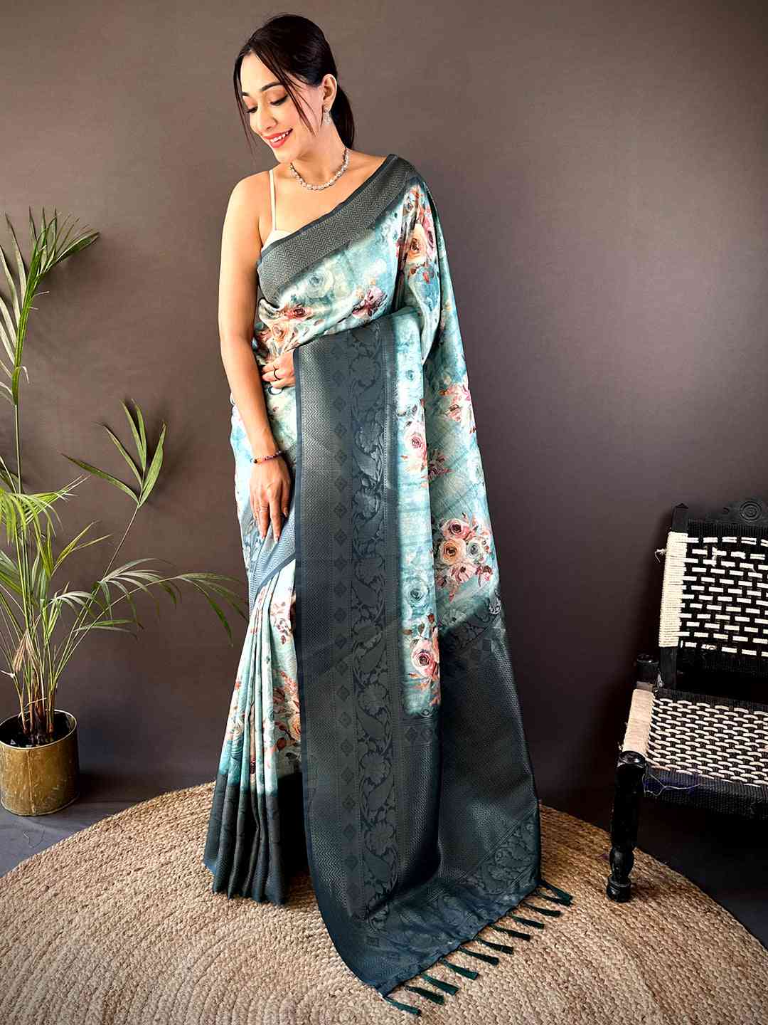 Teal Kanjivaram Digital Silk Saree by My Store