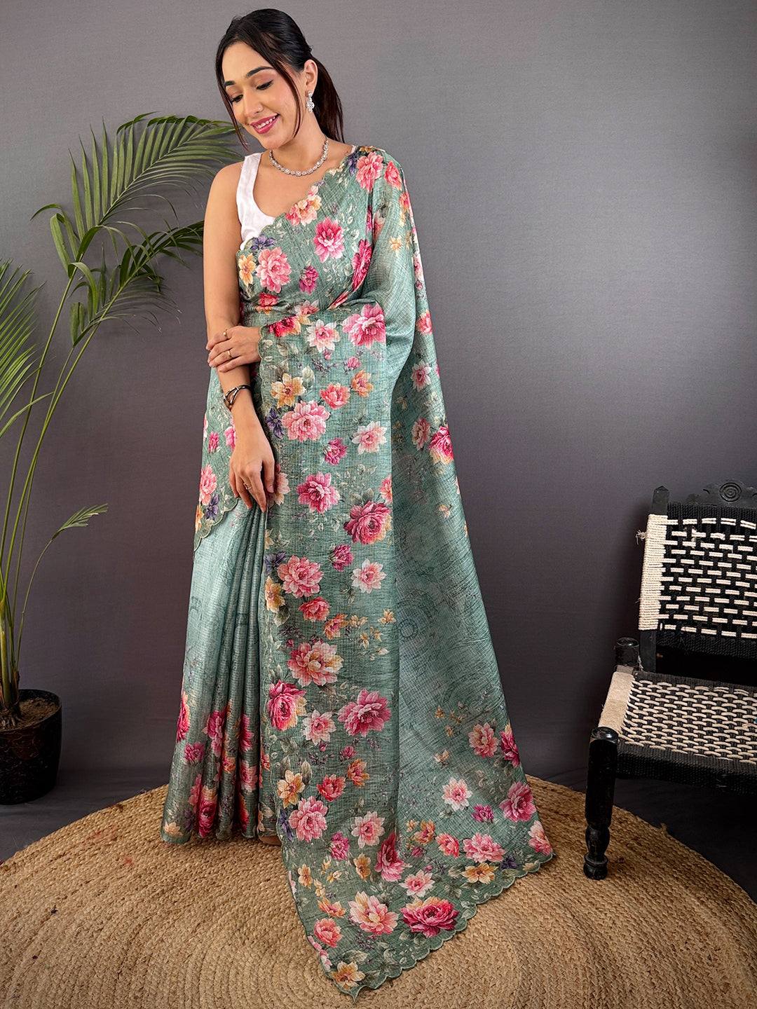 Mint Green Kota Doriya Floral Cut Work Saree by My Store