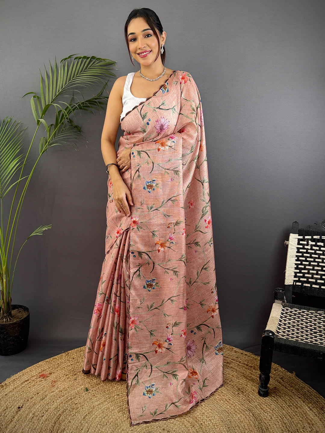 Peach Soft Kota Floral Print Saree by My Store
