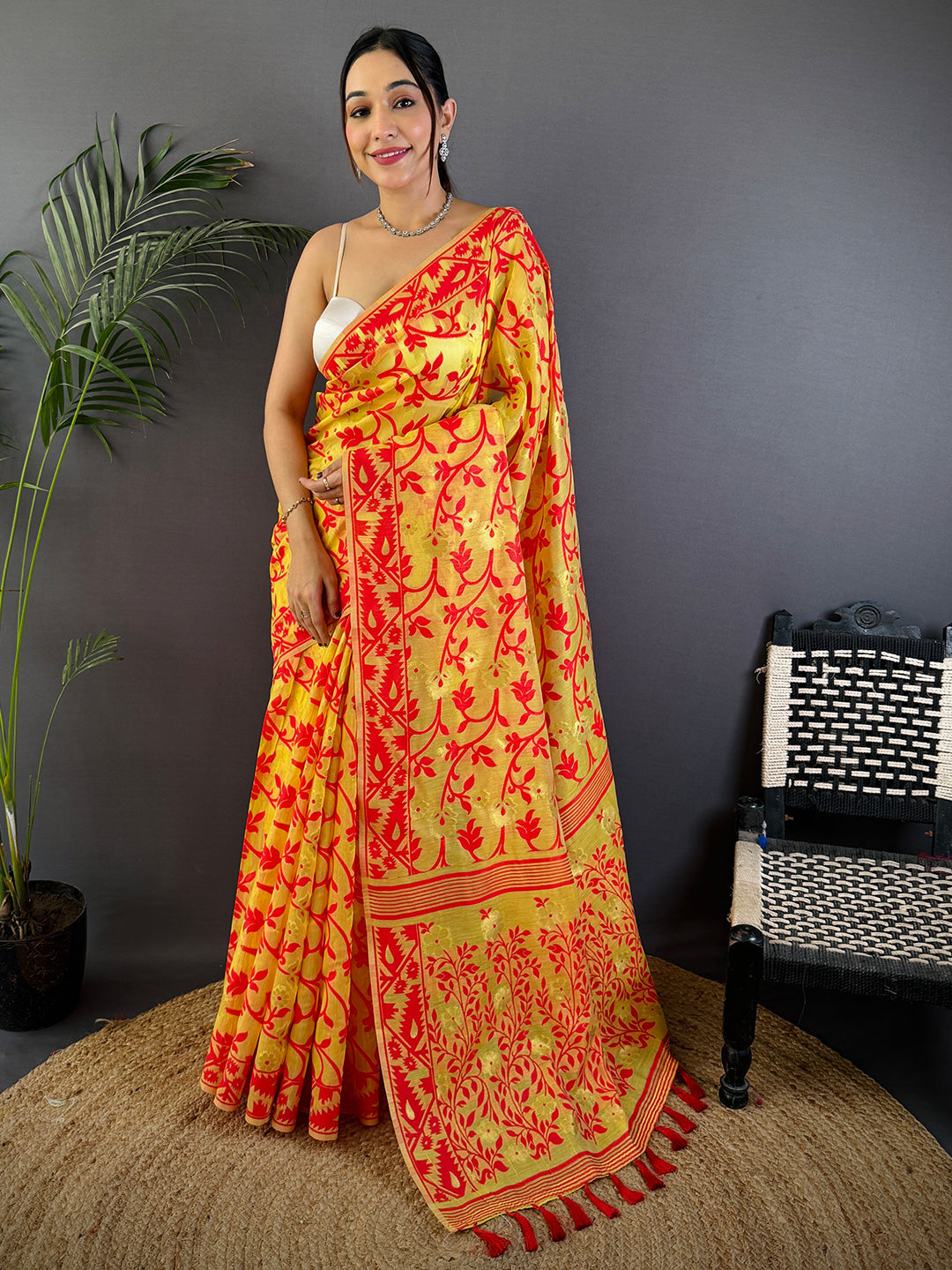 Yellow Soft Dhakai Jamdani Silk Saree