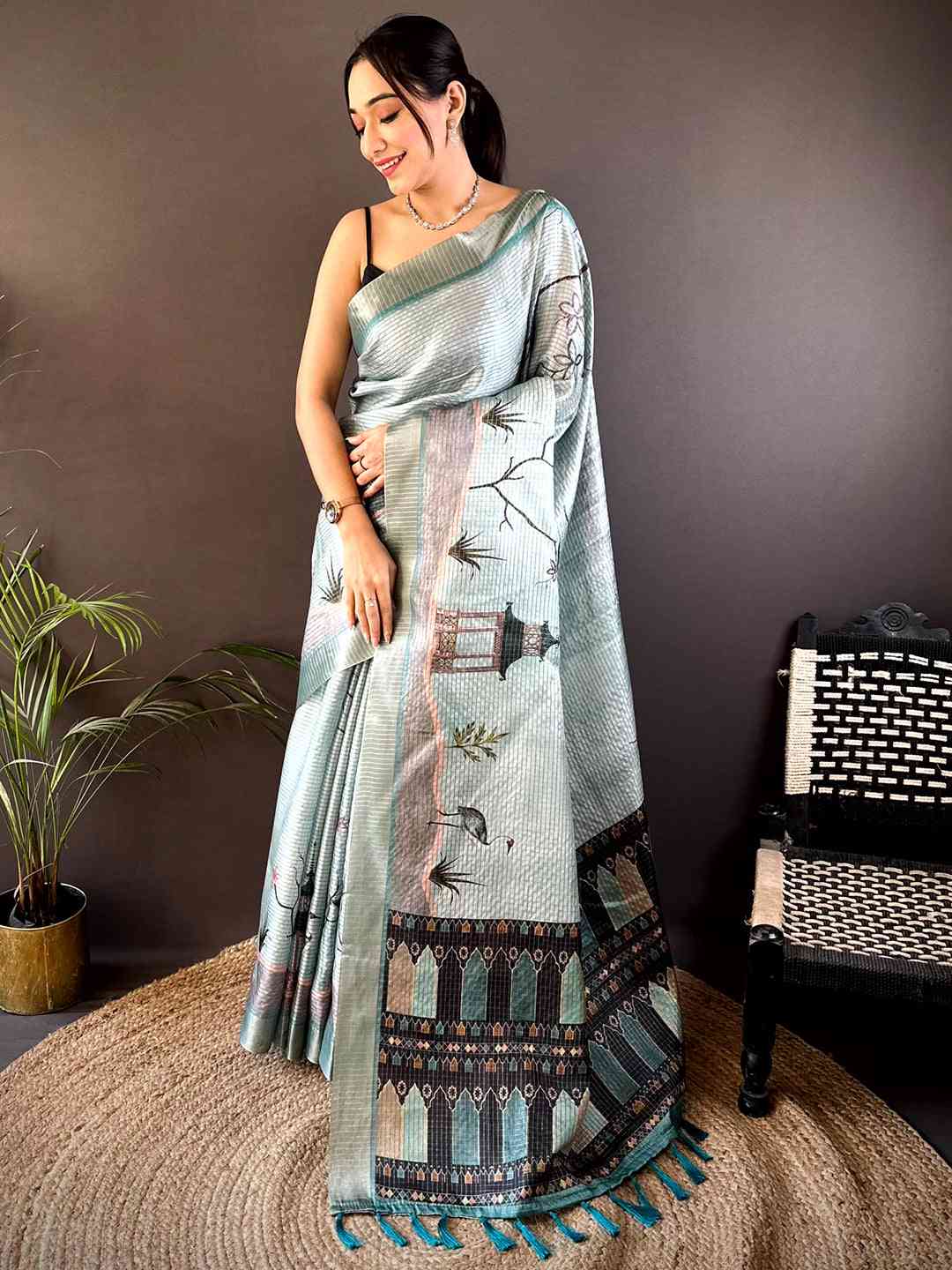 Powder Blue Tussar Chex Japanese Print Saree by My Store